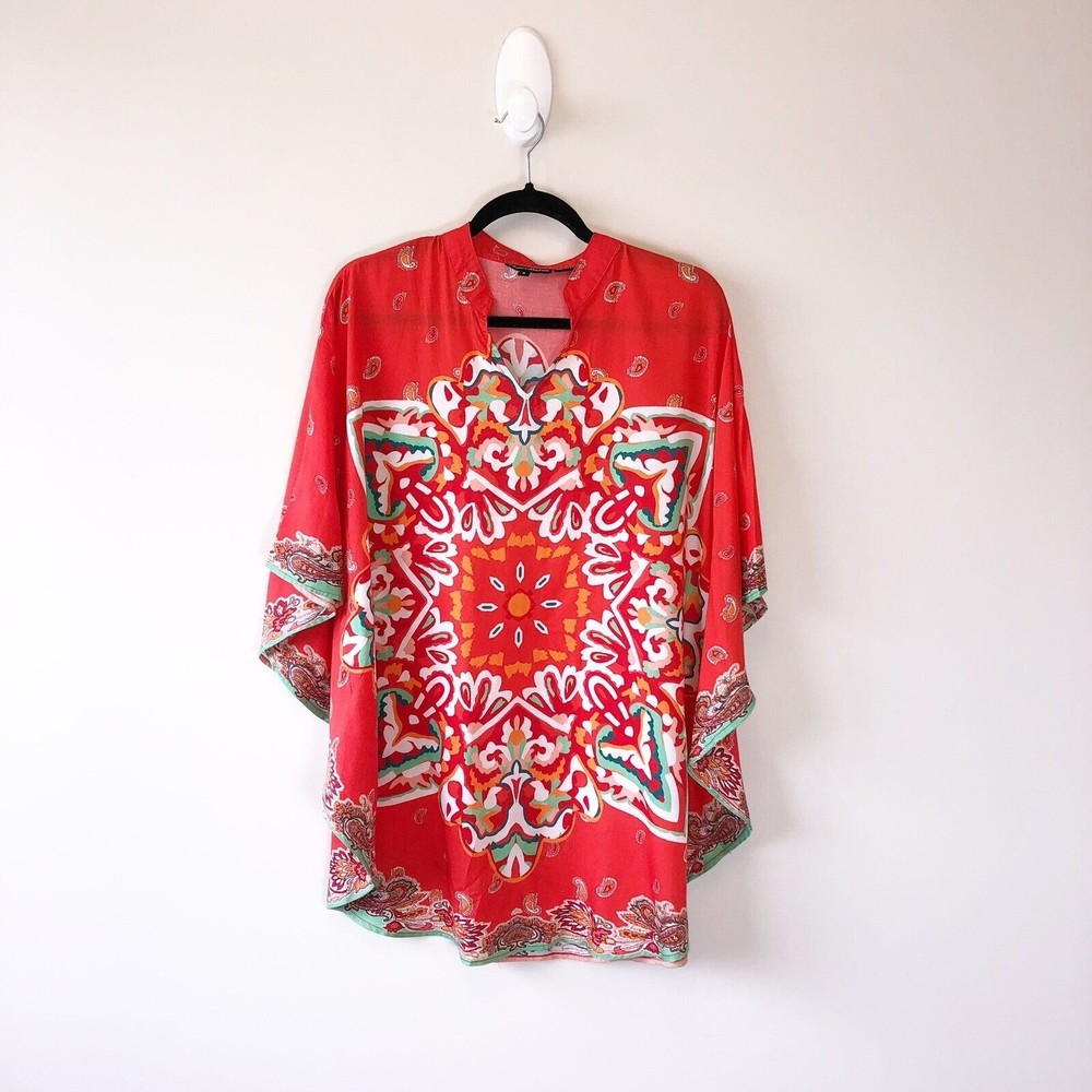 Tolani Collection Mandarin Collar Caftan Tunic Orange Red Artsy Boho Size Small